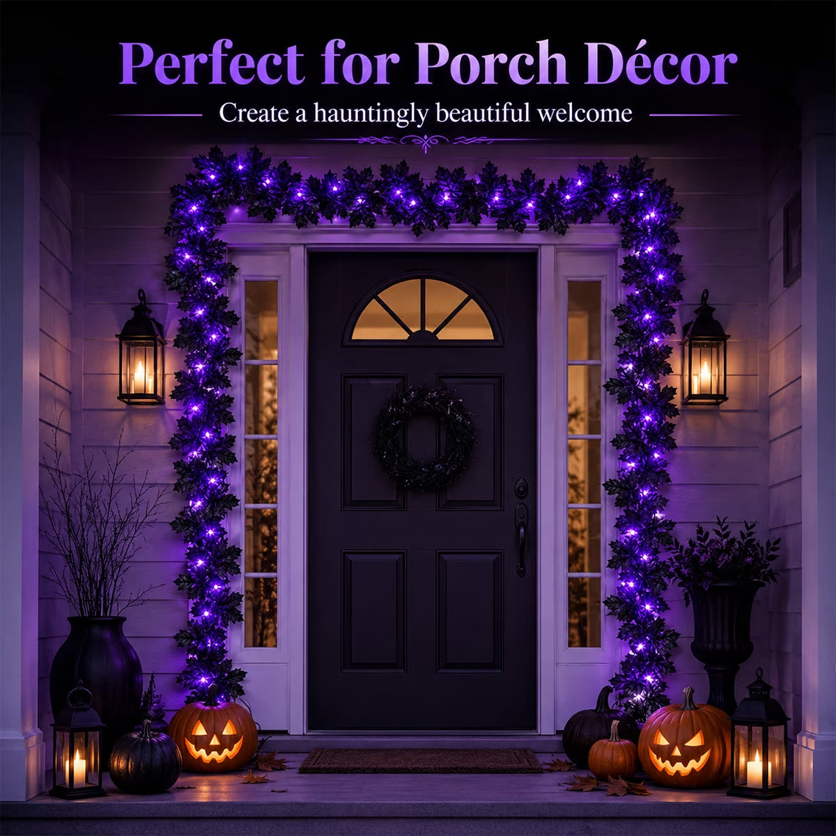 Halloween Garlands Black Maple Leaf Garland with Light for Halloween Porch Indoor Outdoor Décoration Artificial Vines for Halloween Home Party Supplies 11.48Ft Black