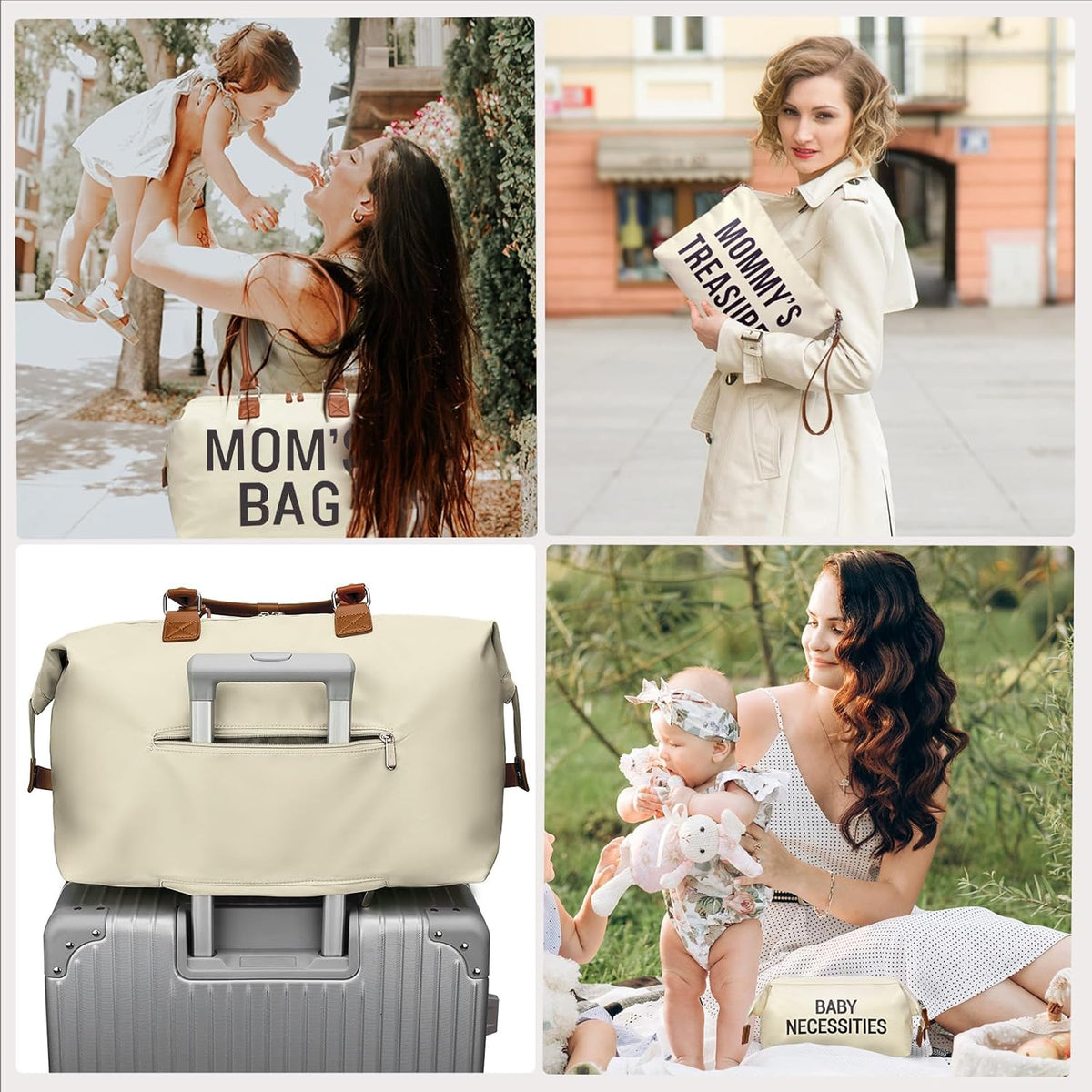 Mommy Diaper Bag Tote with 2 Organizer Pouches, Spacious 17.7In Mom’S Bag for Hospital and Weekender Travel, Creamy White