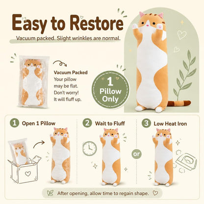 Cute Cat Plush Long Body Pillow Cuddle Cartoon Stuffed Animals Cat Plushie Soft Doll Pillows Gifts for Kids Girls (Orange, 19")