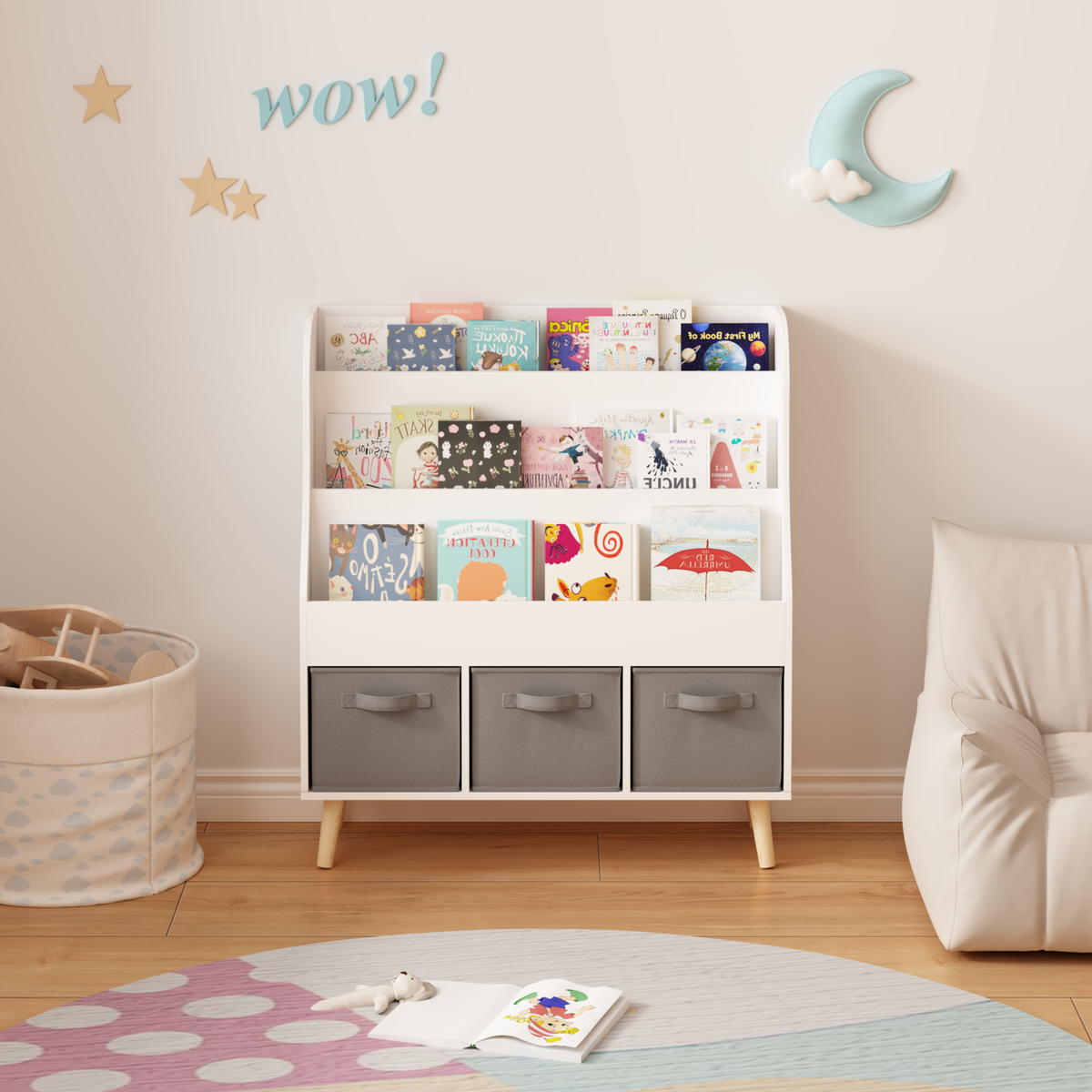 Kids Bookshelf with 3 Fabric Storage Bins, White Wooden Book Display Organizer for Toddlers and Children, Front-Facing Book Rack with Pine Legs for Playroom, Nursery, or Bedroom