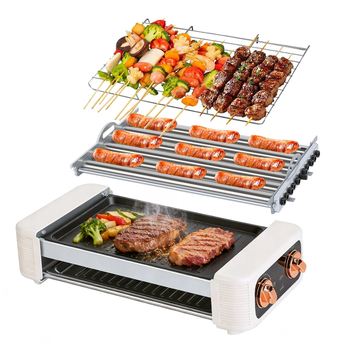 3 in 1 Electric Hot Dog Roller Machine with Grill & Griddle 6-Roller Hot Dog Cooker Smokeless Non-Stick Indoor Outdoor with 3 Temp Levels for BBQ Sausages Skewers Burgers Vegetables