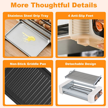 3 in 1 Electric Hot Dog Roller Machine with Grill & Griddle 6-Roller Hot Dog Cooker Smokeless Non-Stick Indoor Outdoor with 3 Temp Levels for BBQ Sausages Skewers Burgers Vegetables