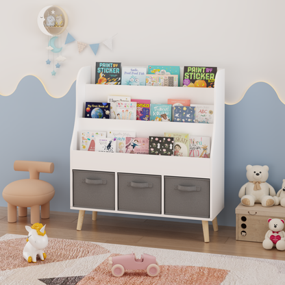Kids Bookshelf with 3 Fabric Storage Bins, White Wooden Book Display Organizer for Toddlers and Children, Front-Facing Book Rack with Pine Legs for Playroom, Nursery, or Bedroom