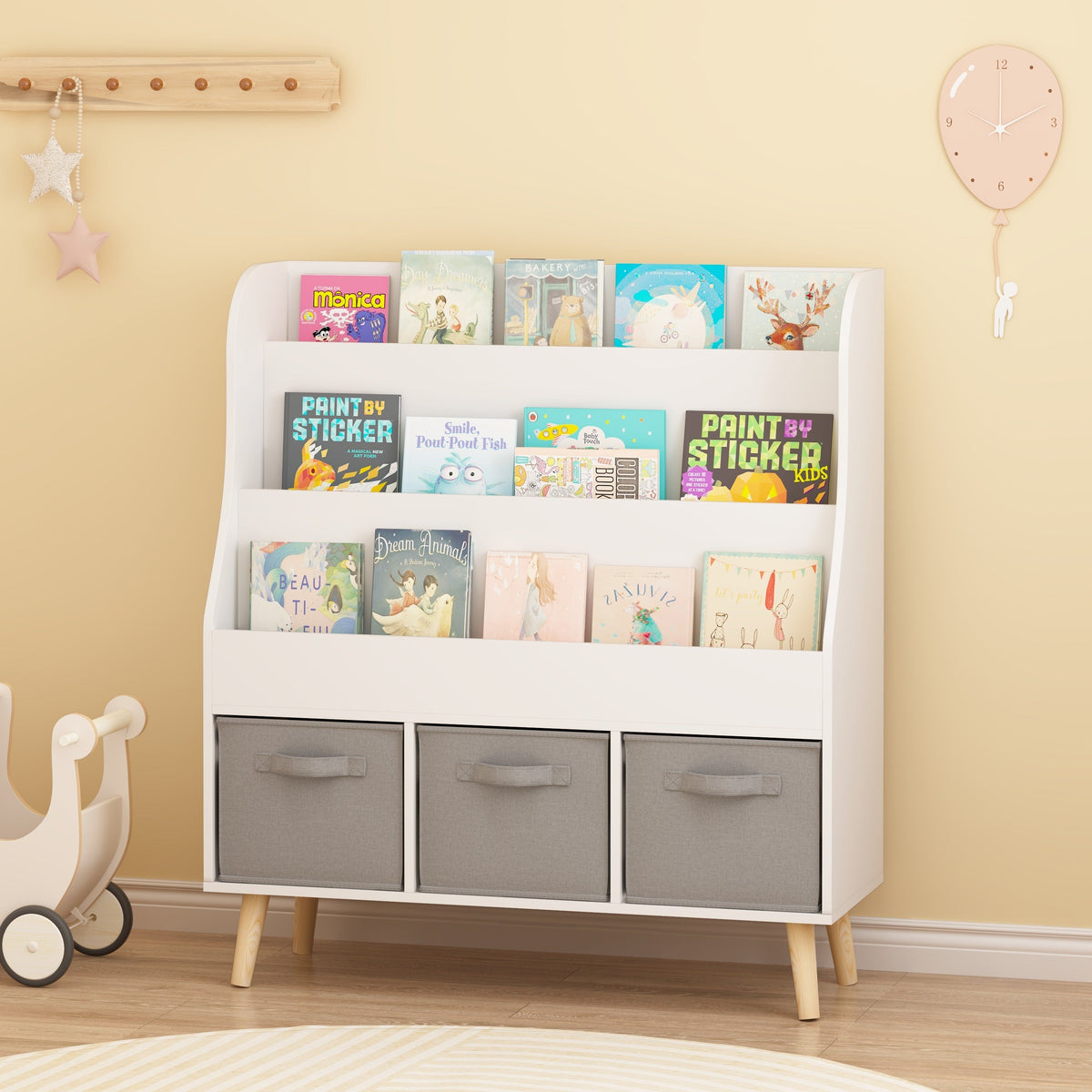 Kids Bookshelf with 3 Fabric Storage Bins, White Wooden Book Display Organizer for Toddlers and Children, Front-Facing Book Rack with Pine Legs for Playroom, Nursery, or Bedroom
