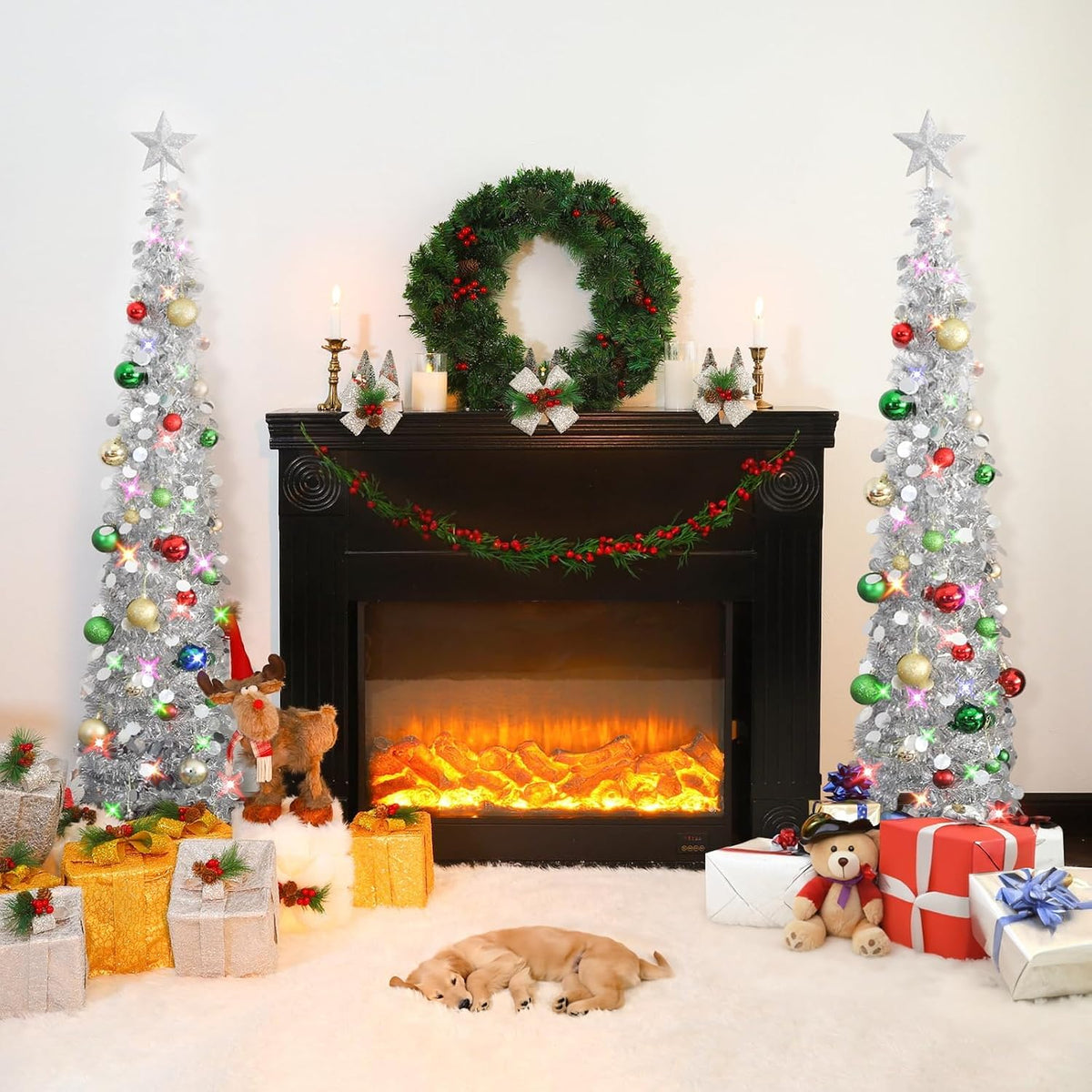 Pop up Christmas Tree with Lights & 30 Balls, 5Ft Collapsible Silver Tinsel Christmas Tree Decoration for Holiday Home Office Decor