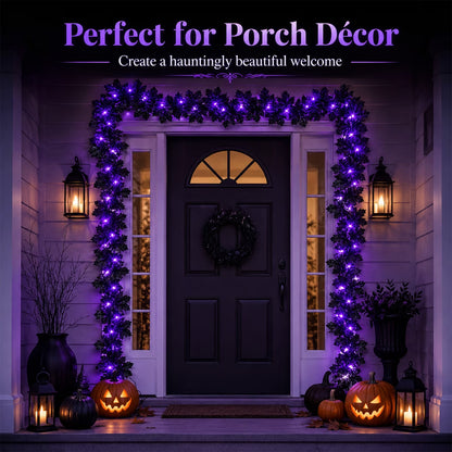 Halloween Garlands Black Maple Leaf Garland with Light for Halloween Porch Indoor Outdoor Décoration Artificial Vines for Halloween Home Party Supplies 11.48Ft Black