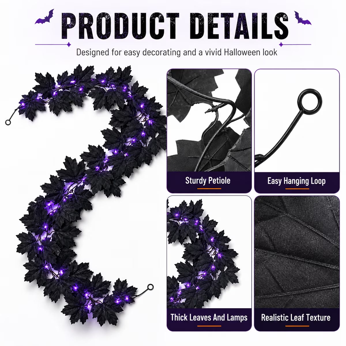 Halloween Garlands Black Maple Leaf Garland with Light for Halloween Porch Indoor Outdoor Décoration Artificial Vines for Halloween Home Party Supplies 11.48Ft Black
