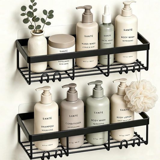 Shower Caddy Shelf Organizer Rack, Self Adhesive Black Bathroom Shelves Basket, Home Farmhouse Wall inside Organization and Storage Decor Rv Accessories, First Camper Apartment Essentials