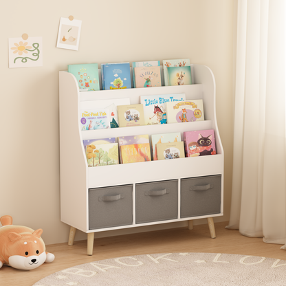 Kids Bookshelf with 3 Fabric Storage Bins, White Wooden Book Display Organizer for Toddlers and Children, Front-Facing Book Rack with Pine Legs for Playroom, Nursery, or Bedroom