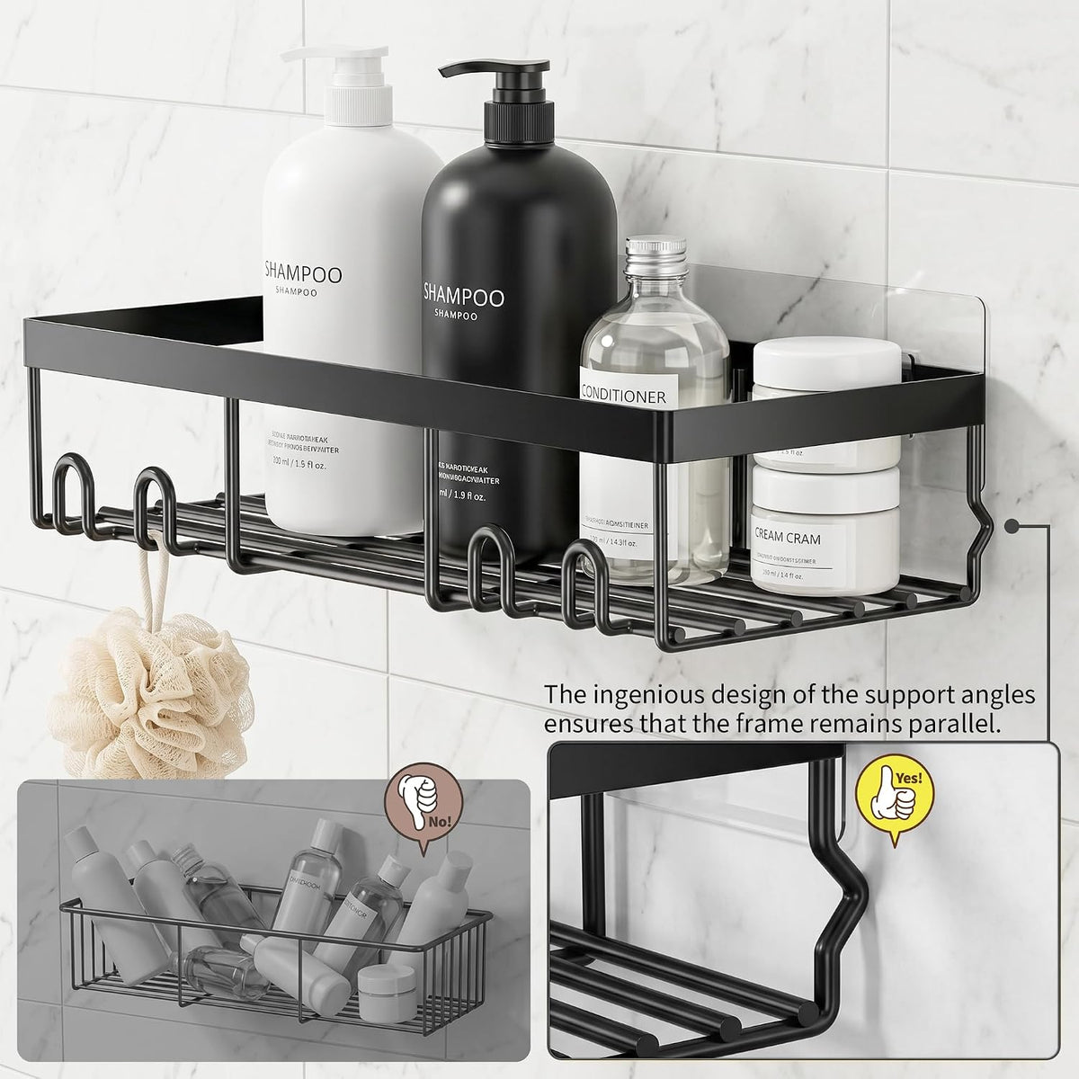 Shower Caddy Shelf Organizer Rack, Self Adhesive Black Bathroom Shelves Basket, Home Farmhouse Wall inside Organization and Storage Decor Rv Accessories, First Camper Apartment Essentials