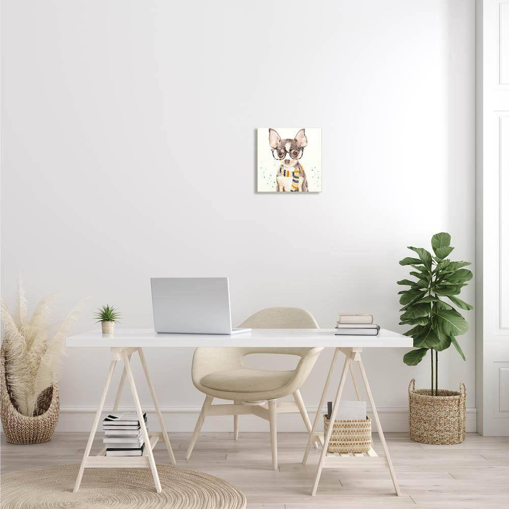 12 In. X 12 In. "Hipster Chihuahua Puppy with Glasses and Scarf" by Artist Main Line Art and Design Wood Wall Art