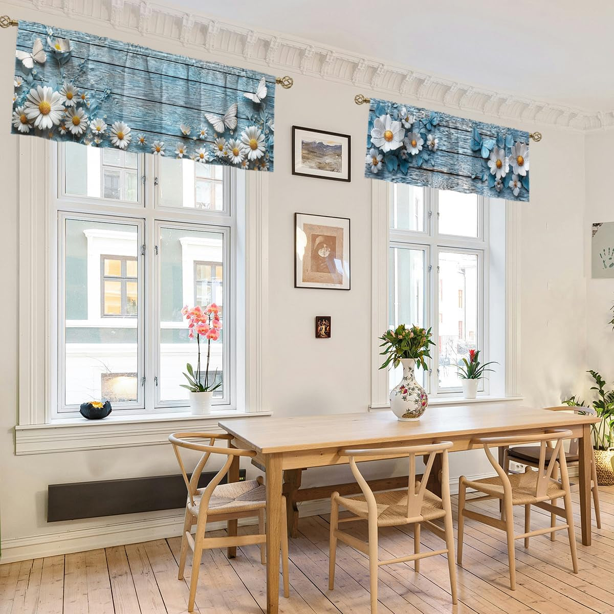 Daisy Curtain Valance for Windows 2 Pack Retro Butterfly White Blue Wood Rod Pocket Window Treatments Short Curtains for Kitchen Windows Bathroom Bedroom 54X18 Inch