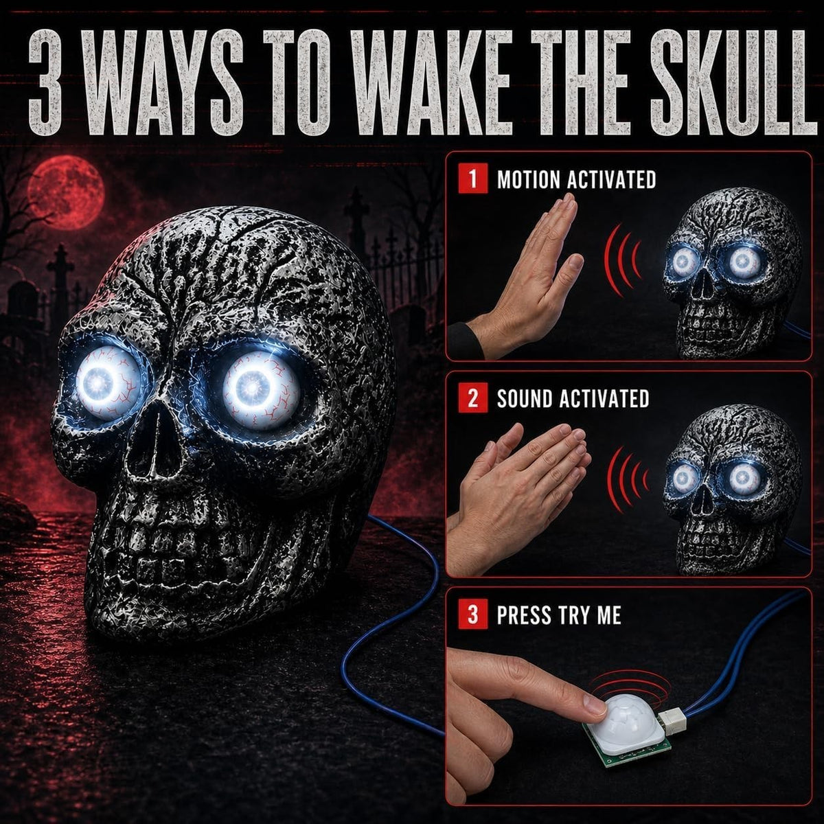 Sound Activated Skull Light up Eyes Creepy Sounds Halloween Decoration