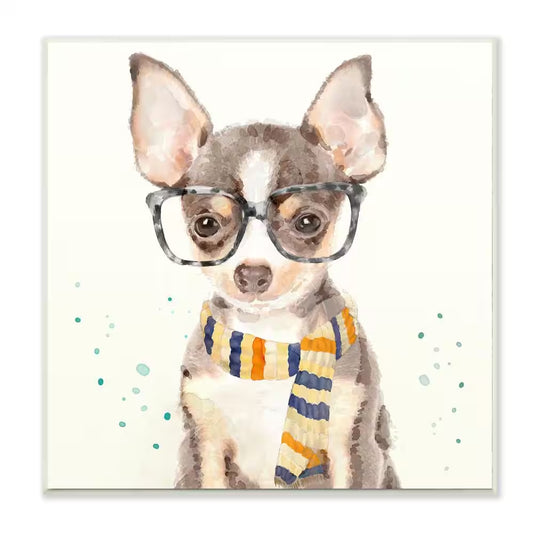 12 In. X 12 In. "Hipster Chihuahua Puppy with Glasses and Scarf" by Artist Main Line Art and Design Wood Wall Art