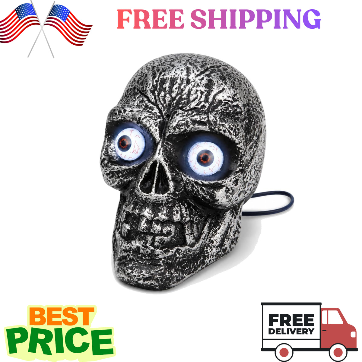 Sound Activated Skull Light up Eyes Creepy Sounds Halloween Decoration