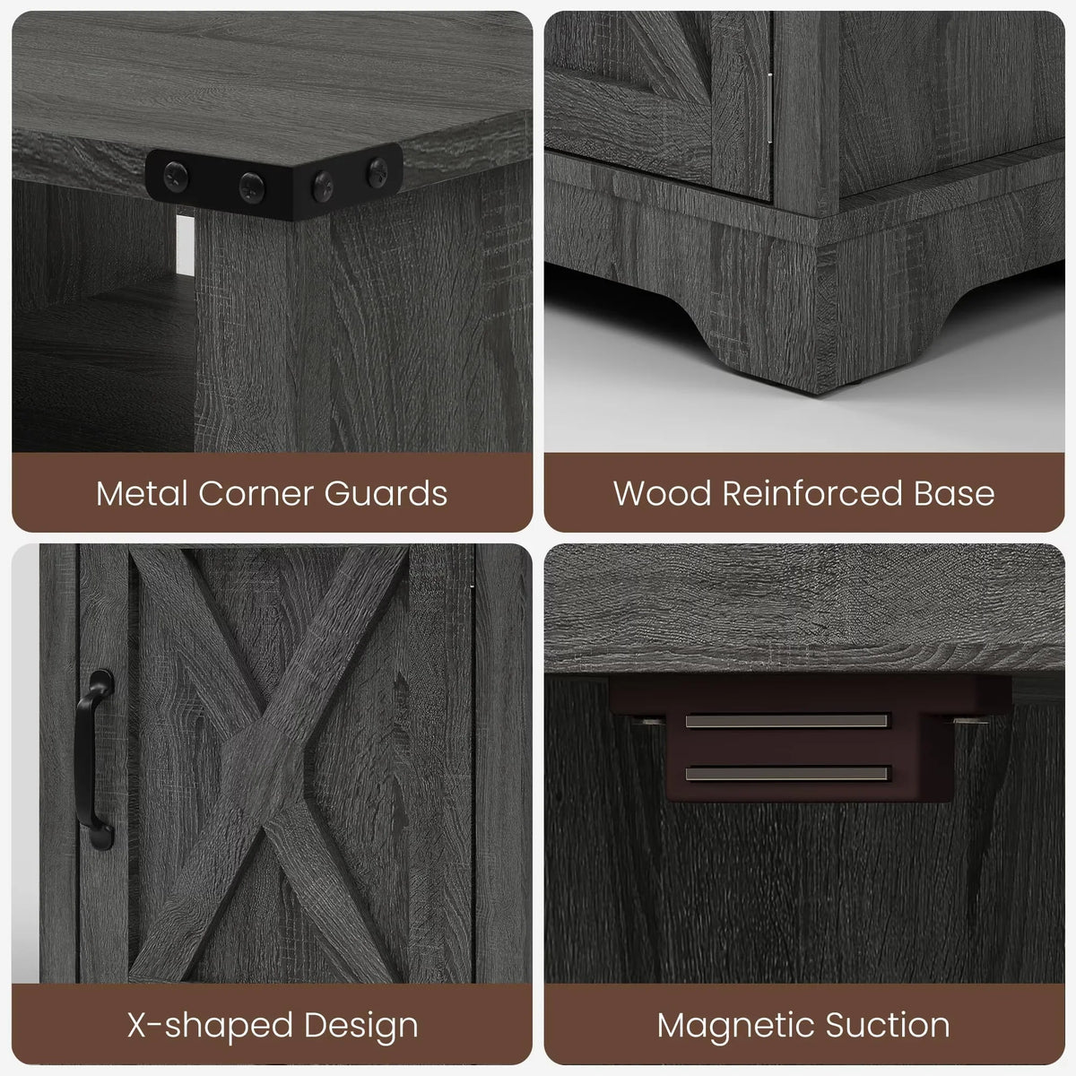 LED Nightstand Set of 2 with Charging Station, Bedside Table with Storage Cabinet and Shelf, Rustic End Table, Farmhouse Wooden Side Table, for Bedroom, Living Room, Dark Gray
