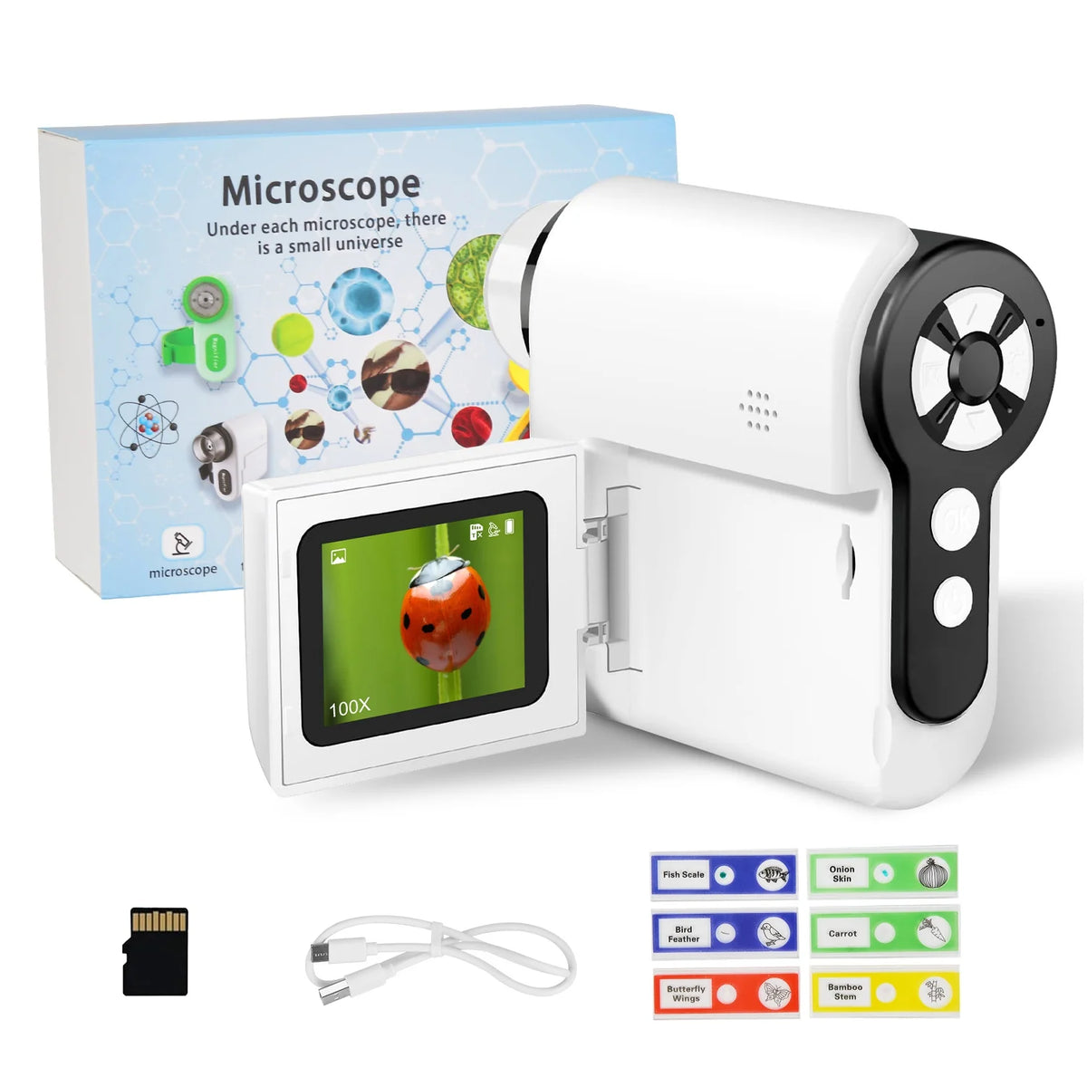 1Pc 3 in 1 Kids Microscope Telescope Camera 1,000X Handheld USB Mini Microscope with LED Light 6 Sample Slides 32G MMC Card for Boys Girls Aged 6 Years Old