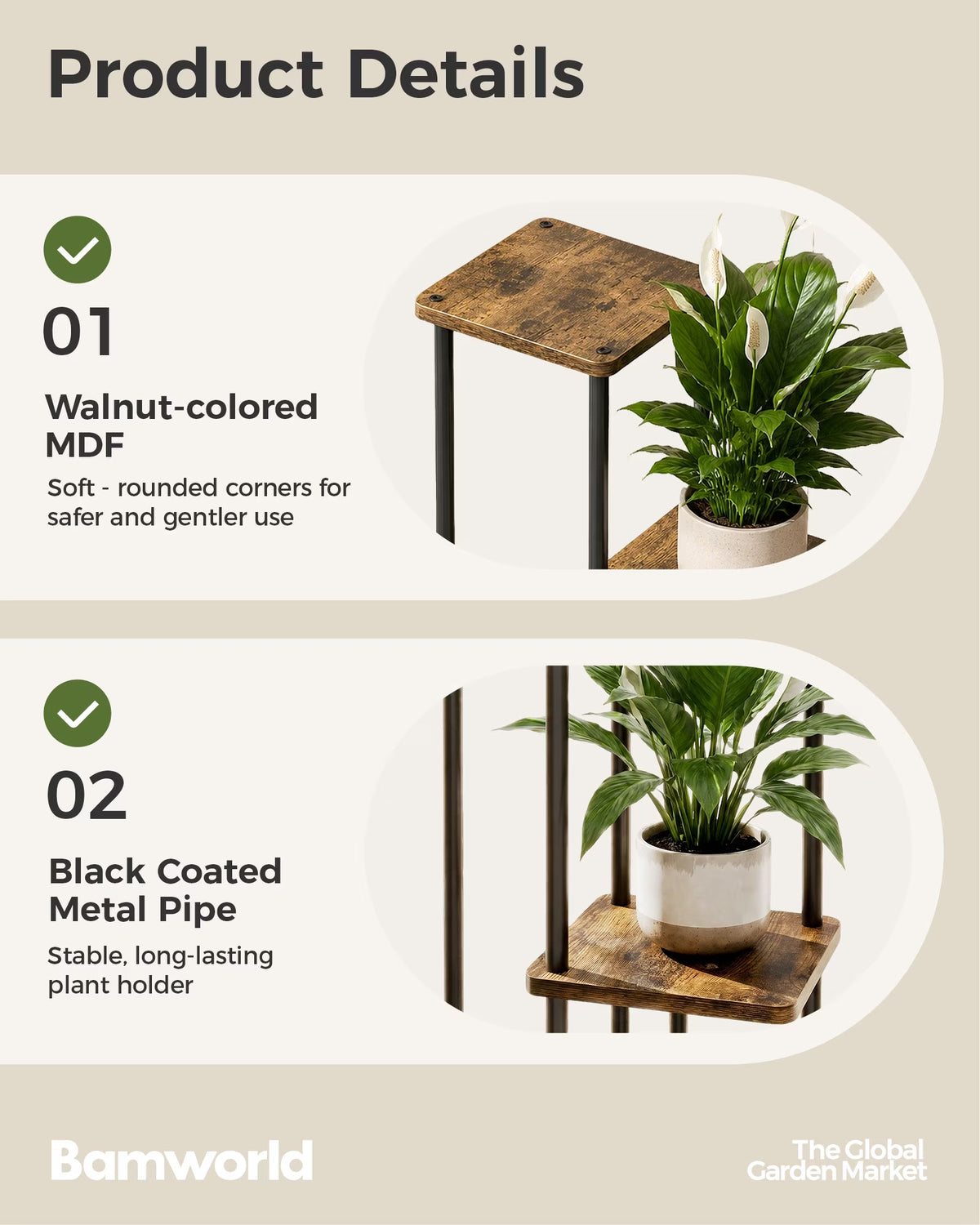Tall Plant Stand Indoor 5 Tier Metal Plant Shelf Brown Plant Stand for Multiple Plants Small Plants Pots Flower Stand Pot Holder for Patio Garden Corner Balcony Living Room