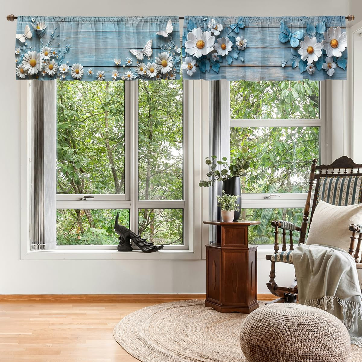 Daisy Curtain Valance for Windows 2 Pack Retro Butterfly White Blue Wood Rod Pocket Window Treatments Short Curtains for Kitchen Windows Bathroom Bedroom 54X18 Inch