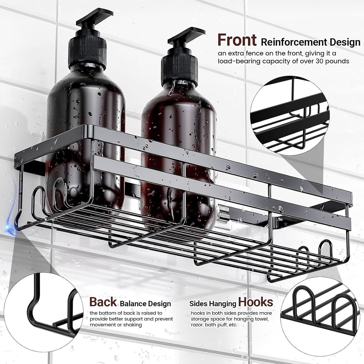 2 Pack Adhesive Shower Caddies, No Drill Bathroom Shelves, Large