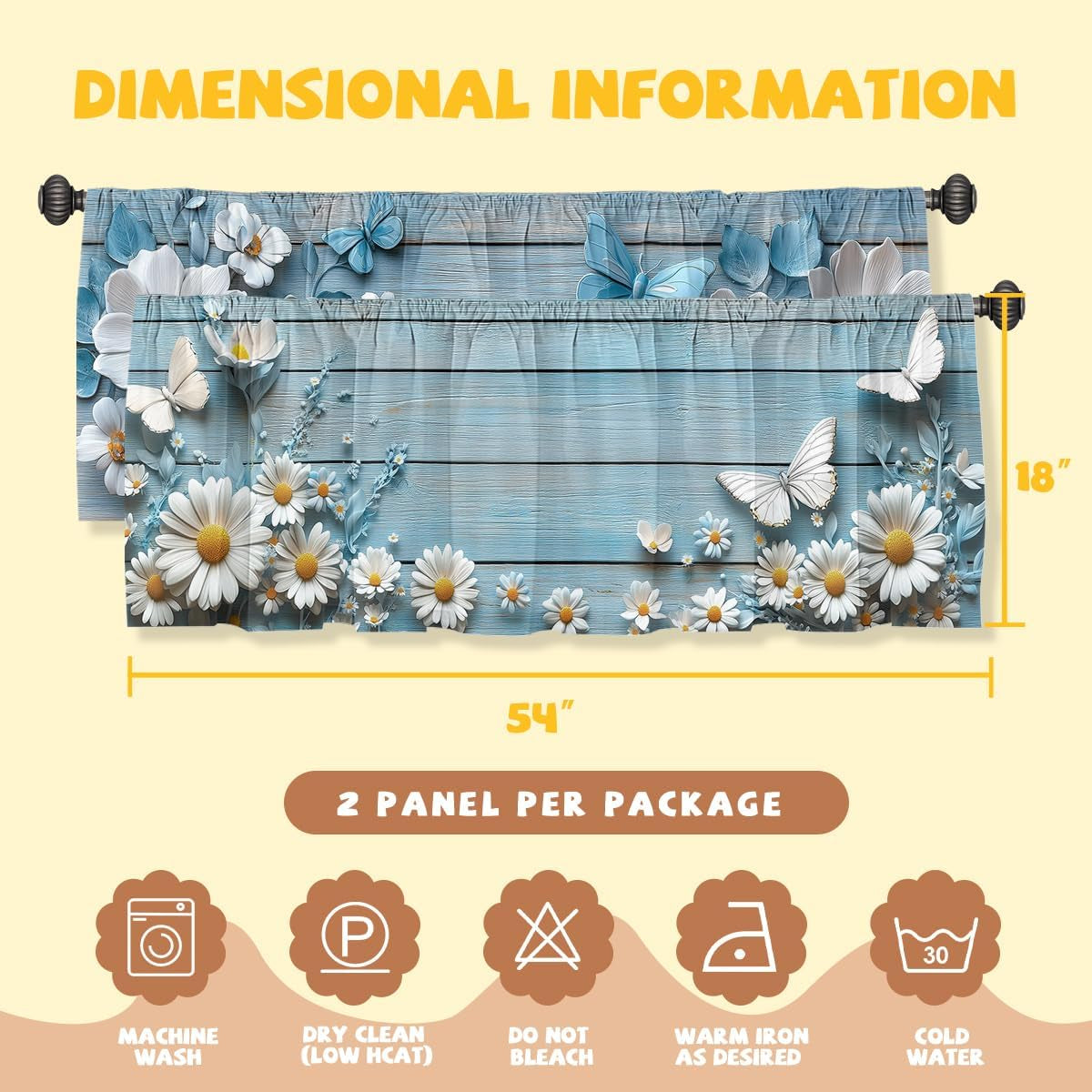 Daisy Curtain Valance for Windows 2 Pack Retro Butterfly White Blue Wood Rod Pocket Window Treatments Short Curtains for Kitchen Windows Bathroom Bedroom 54X18 Inch