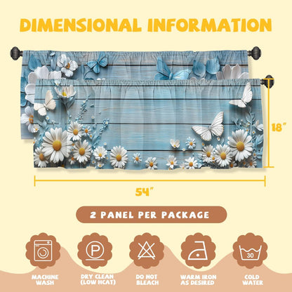 Daisy Curtain Valance for Windows 2 Pack Retro Butterfly White Blue Wood Rod Pocket Window Treatments Short Curtains for Kitchen Windows Bathroom Bedroom 54X18 Inch