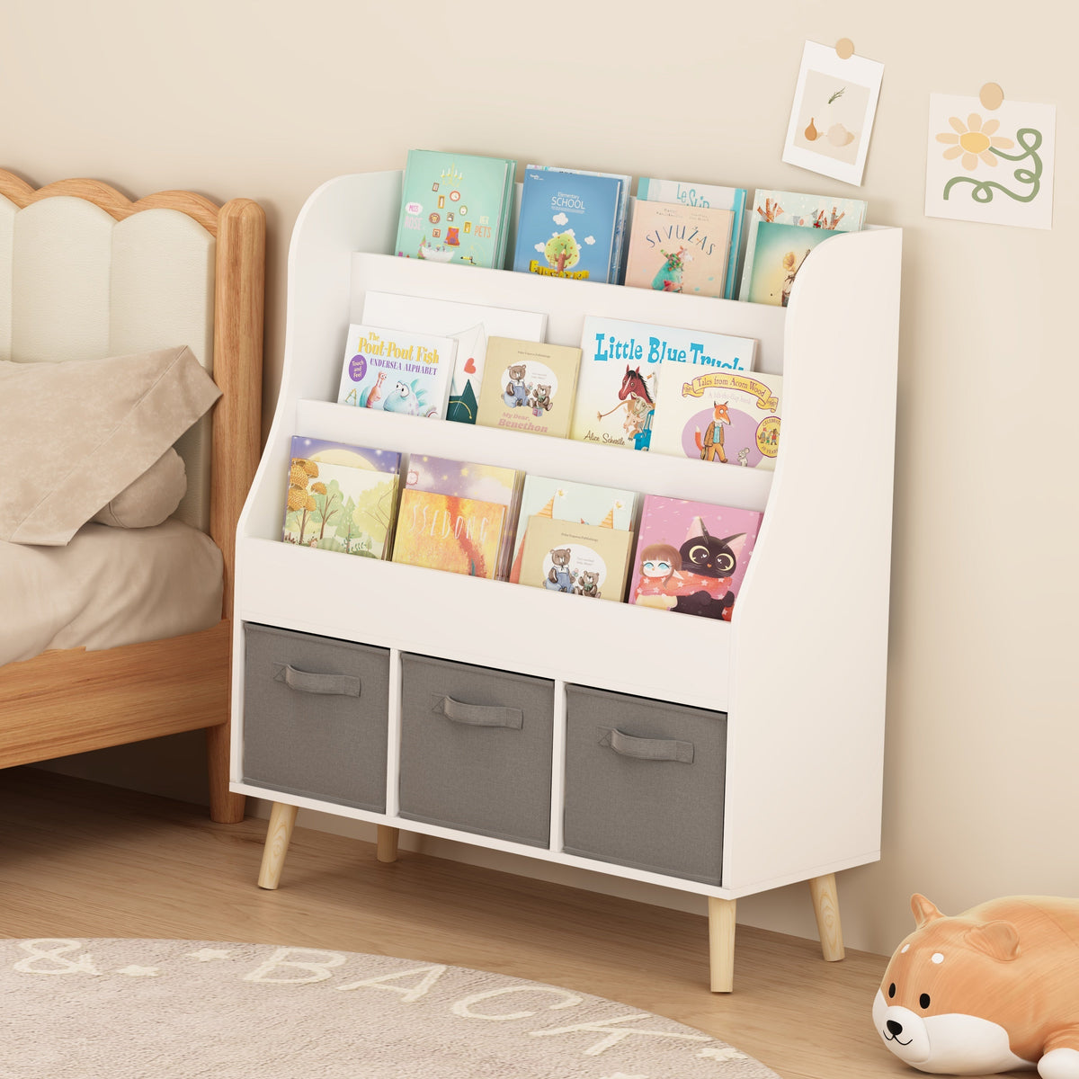 Kids Bookshelf with 3 Fabric Storage Bins, White Wooden Book Display Organizer for Toddlers and Children, Front-Facing Book Rack with Pine Legs for Playroom, Nursery, or Bedroom