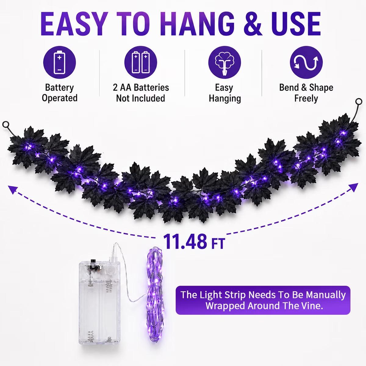 Halloween Garlands Black Maple Leaf Garland with Light for Halloween Porch Indoor Outdoor Décoration Artificial Vines for Halloween Home Party Supplies 11.48Ft Black