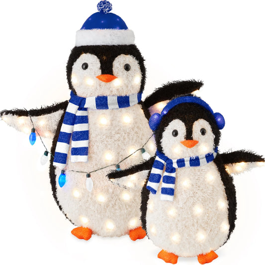 2-Piece Lighted 3Ft Pop-Up Penguin Family Outdoor Christmas Decoration W/150 LED Lights, Blue/White