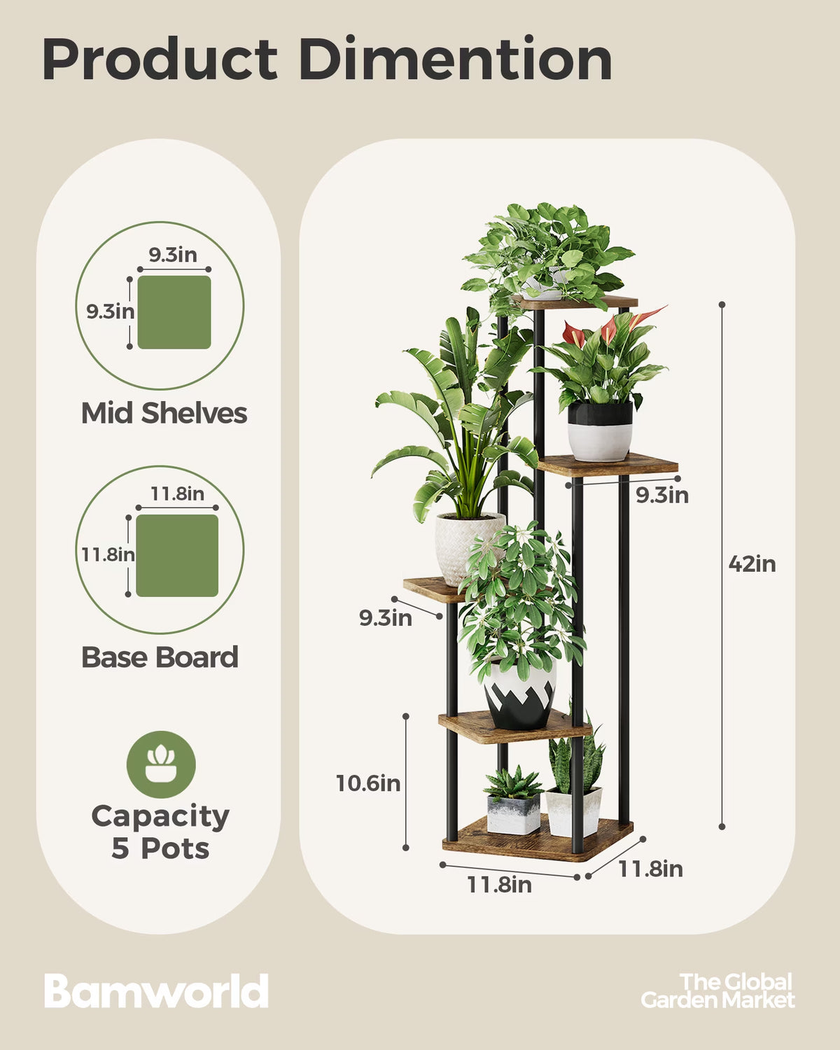 Tall Plant Stand Indoor 5 Tier Metal Plant Shelf Brown Plant Stand for Multiple Plants Small Plants Pots Flower Stand Pot Holder for Patio Garden Corner Balcony Living Room