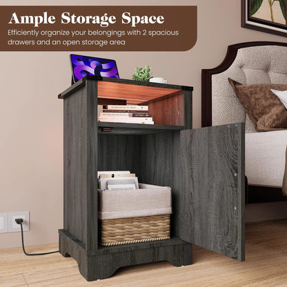 LED Nightstand Set of 2 with Charging Station, Bedside Table with Storage Cabinet and Shelf, Rustic End Table, Farmhouse Wooden Side Table, for Bedroom, Living Room, Dark Gray