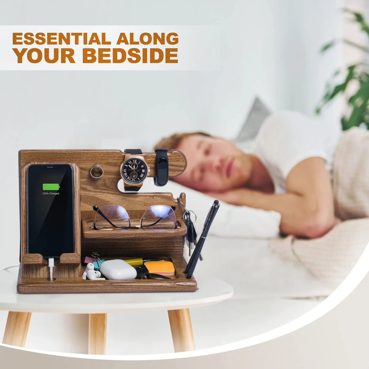 Wood Phone Docking Station with Drawer - Nightstand Organizer - Desk Organizer for Husband - Birthday Gifts for Men, Dad, Anniversary Idea, Key Holder Stand Watch & Accessories