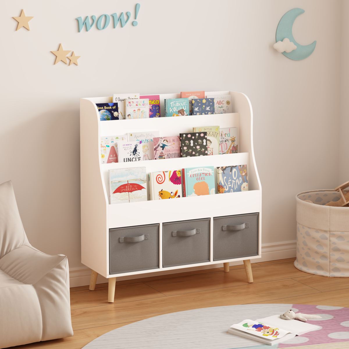 Kids Bookshelf with 3 Fabric Storage Bins, White Wooden Book Display Organizer for Toddlers and Children, Front-Facing Book Rack with Pine Legs for Playroom, Nursery, or Bedroom