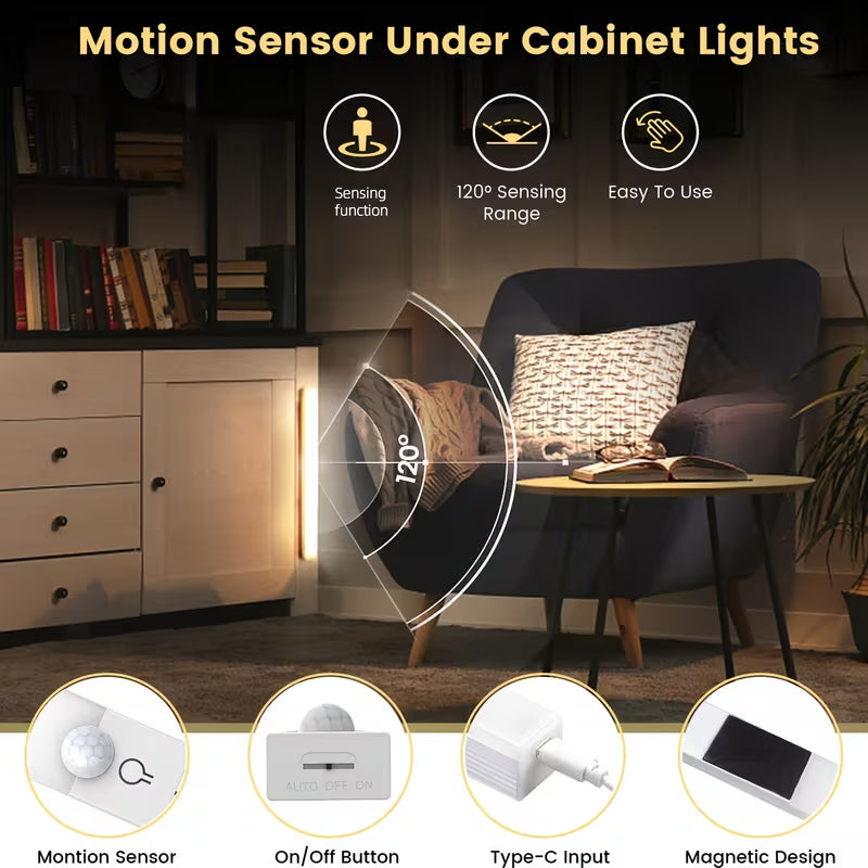 3Pack LED Motion Sensor Cabinet Lights USB Rechargeable Dimmable under Counter