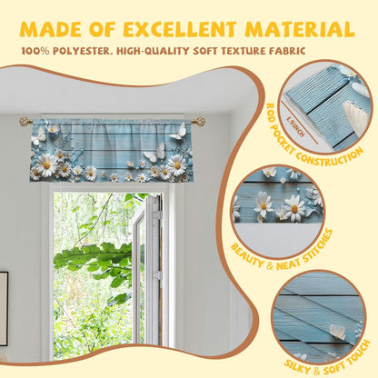 Daisy Curtain Valance for Windows 2 Pack Retro Butterfly White Blue Wood Rod Pocket Window Treatments Short Curtains for Kitchen Windows Bathroom Bedroom 54X18 Inch