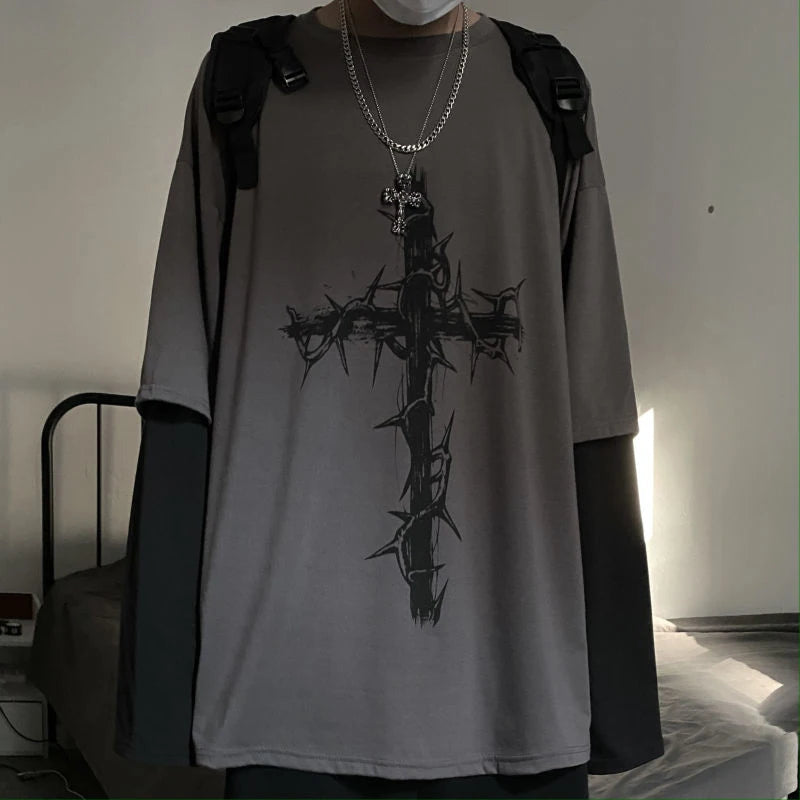Grunge Clothes Women Long Sleeve Emo T-Shirt Casual Harajuku Men Aesthetic Pray Goth Top Alt Street Fashion Tshirts Indie Punk
