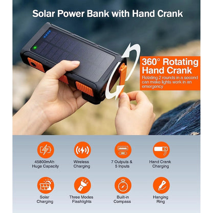 45800Mah Solar Power Bank 15W with Hand Crank & Cables & Wireless Charger, Solar Charger Compatible for Iphone & Android Phone