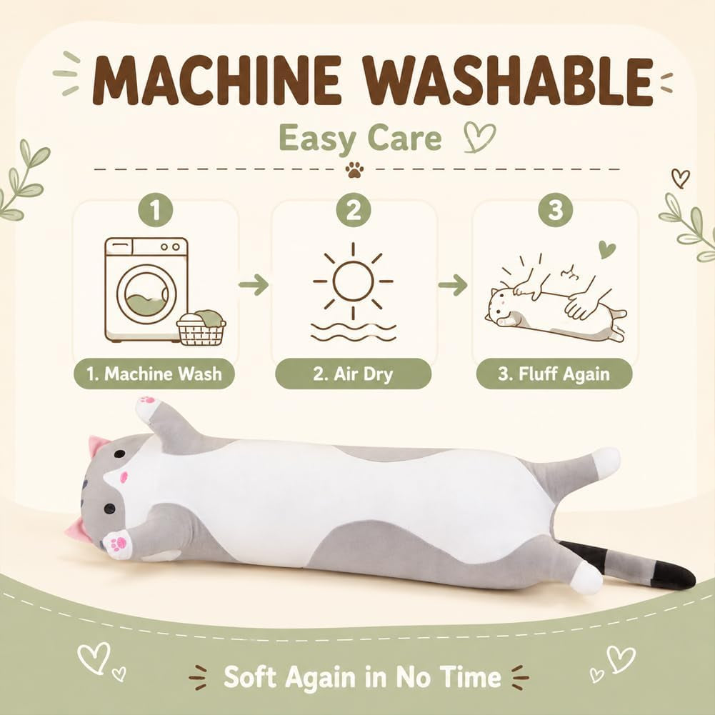 Cute Cat Plush Long Body Pillow Cuddle Cartoon Stuffed Animals Cat Plushie Soft Doll Pillows Gifts for Kids Girls (Orange, 19")
