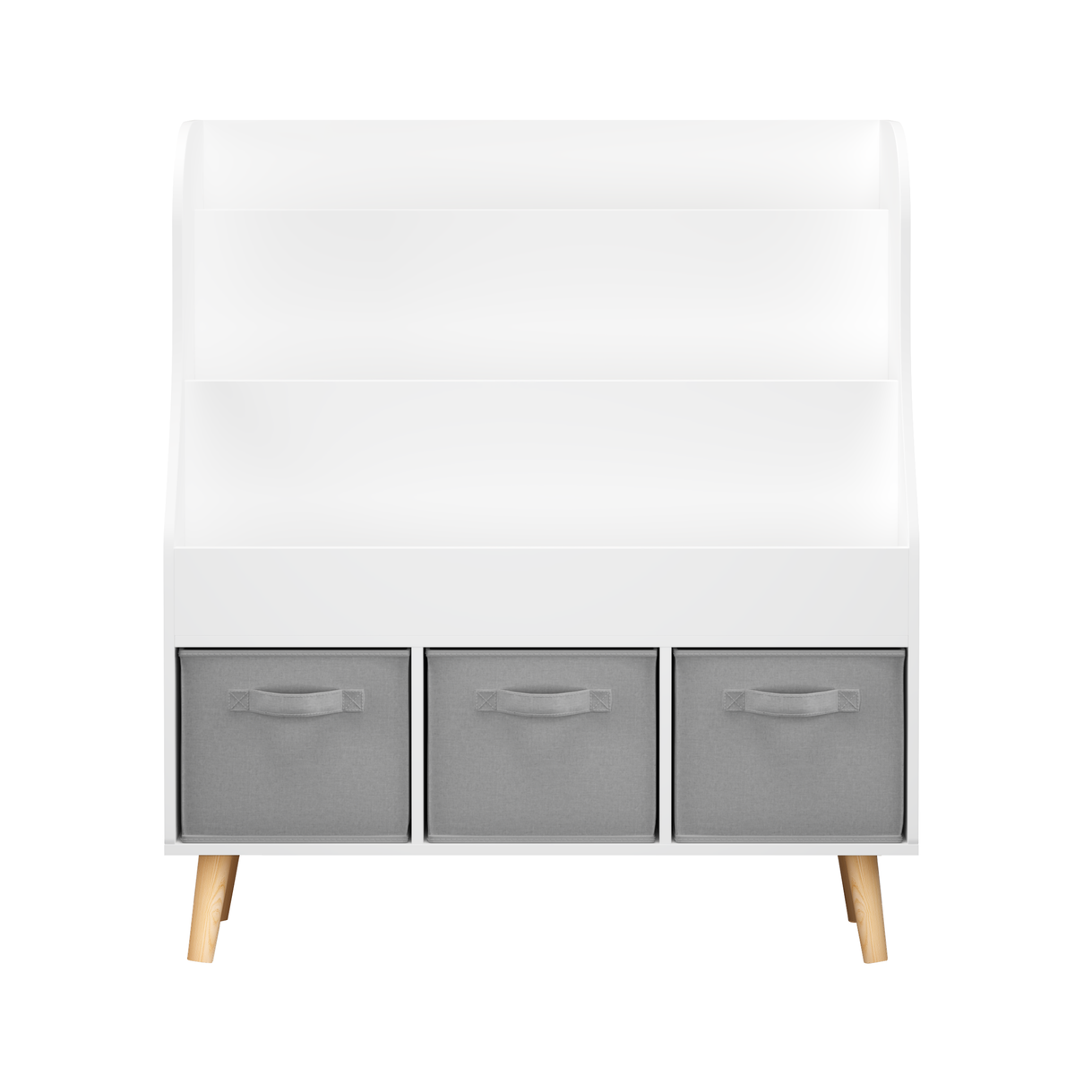 Kids Bookshelf with 3 Fabric Storage Bins, White Wooden Book Display Organizer for Toddlers and Children, Front-Facing Book Rack with Pine Legs for Playroom, Nursery, or Bedroom