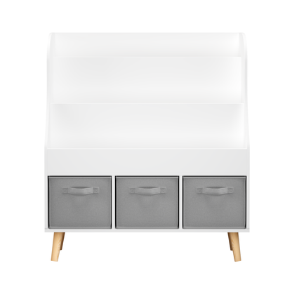 Kids Bookshelf with 3 Fabric Storage Bins, White Wooden Book Display Organizer for Toddlers and Children, Front-Facing Book Rack with Pine Legs for Playroom, Nursery, or Bedroom