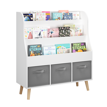 Kids Bookshelf with 3 Fabric Storage Bins, White Wooden Book Display Organizer for Toddlers and Children, Front-Facing Book Rack with Pine Legs for Playroom, Nursery, or Bedroom
