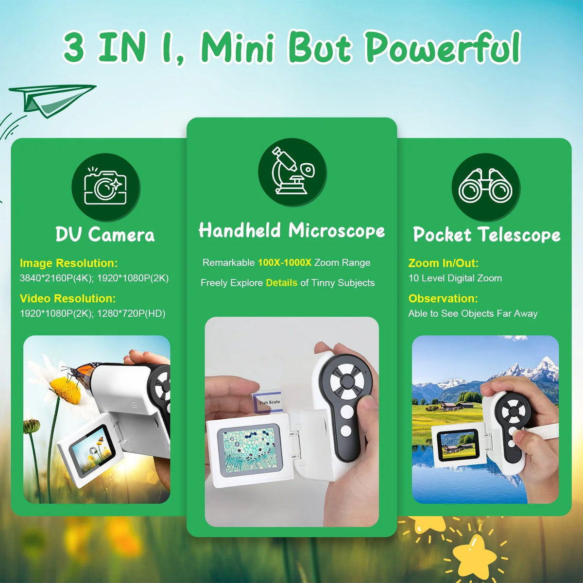 1Pc 3 in 1 Kids Microscope Telescope Camera 1,000X Handheld USB Mini Microscope with LED Light 6 Sample Slides 32G MMC Card for Boys Girls Aged 6 Years Old