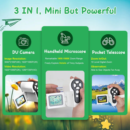 1Pc 3 in 1 Kids Microscope Telescope Camera 1,000X Handheld USB Mini Microscope with LED Light 6 Sample Slides 32G MMC Card for Boys Girls Aged 6 Years Old