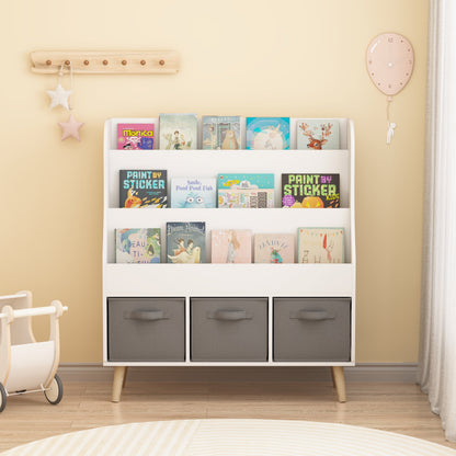 Kids Bookshelf with 3 Fabric Storage Bins, White Wooden Book Display Organizer for Toddlers and Children, Front-Facing Book Rack with Pine Legs for Playroom, Nursery, or Bedroom