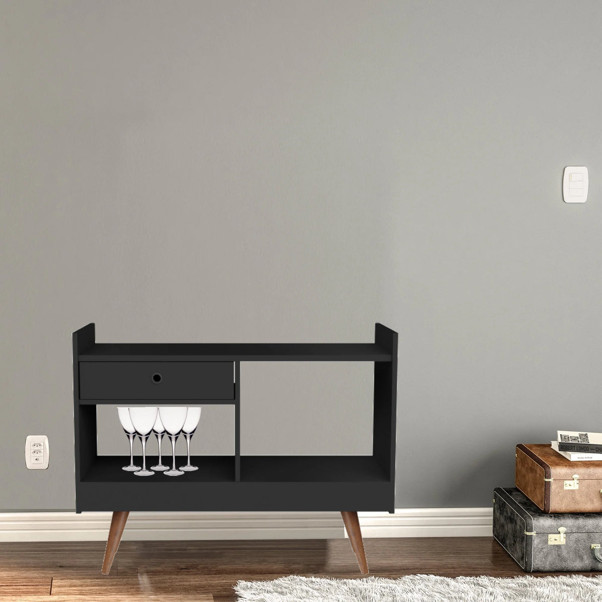 Boahaus Evershot Bar Cabinet with Open Shelves & Wooden Legs | Modern Design
