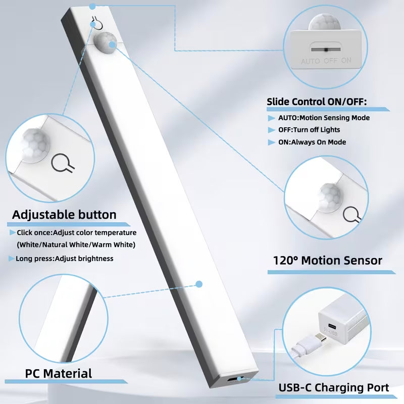 3Pack LED Motion Sensor Cabinet Lights USB Rechargeable Dimmable under Counter