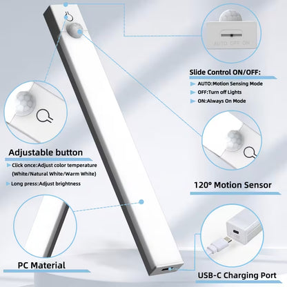 3Pack LED Motion Sensor Cabinet Lights USB Rechargeable Dimmable under Counter