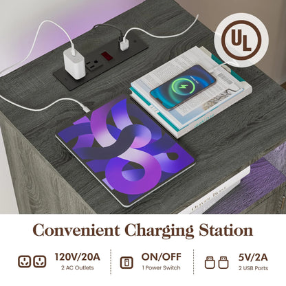 LED Nightstand Set of 2 with Charging Station, Bedside Table with Storage Cabinet and Shelf, Rustic End Table, Farmhouse Wooden Side Table, for Bedroom, Living Room, Dark Gray