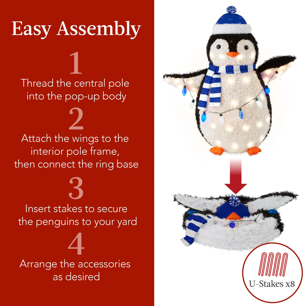 2-Piece Lighted 3Ft Pop-Up Penguin Family Outdoor Christmas Decoration W/150 LED Lights, Blue/White