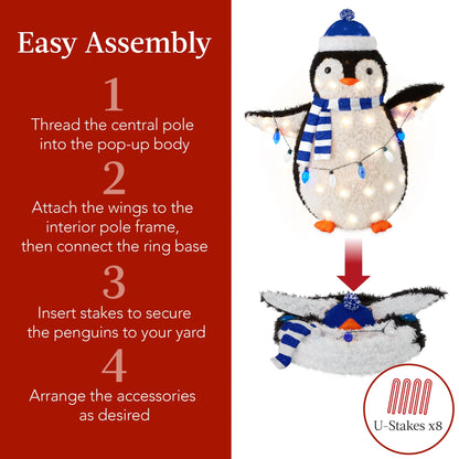 2-Piece Lighted 3Ft Pop-Up Penguin Family Outdoor Christmas Decoration W/150 LED Lights, Blue/White